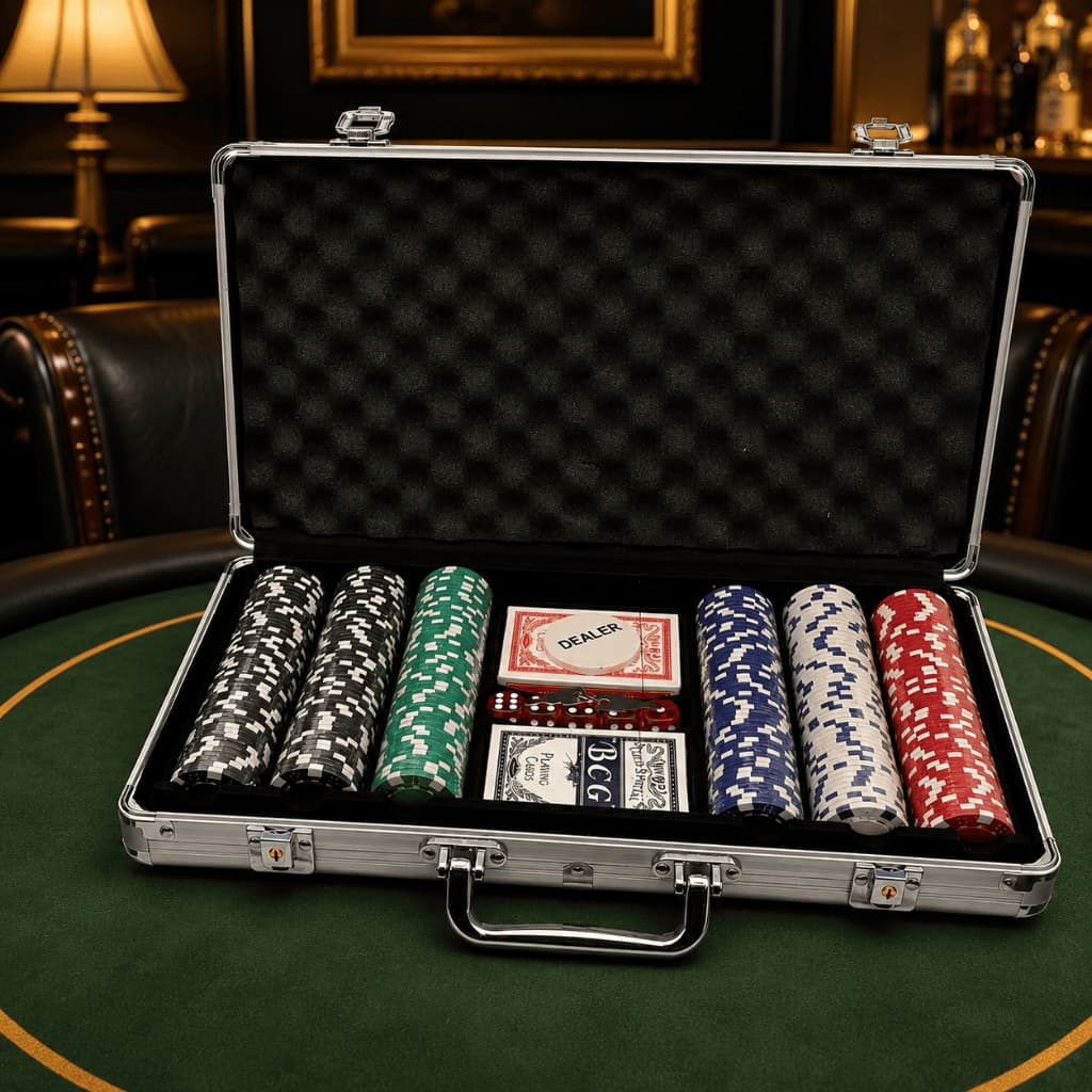 Maleta de Poker Profissional 300 Fichas 2 Baralhos 5 Dados Kit Completo com Chave