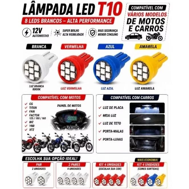 Lâmpada LED T10 8 LEDs 12V Carro Painel Moto CG Titan Fan Biz YBR XTZ Luz Placa Teto Porta-Malas