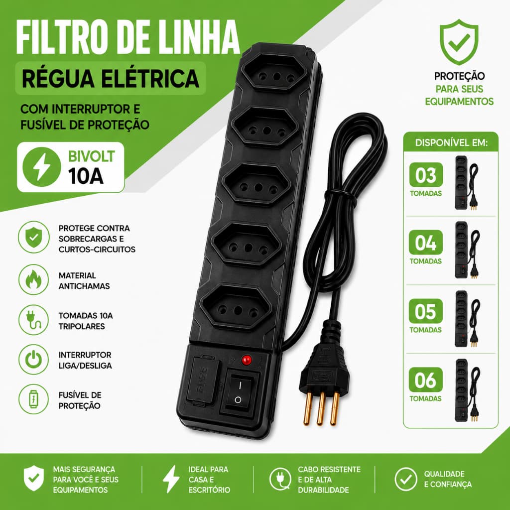 Filtro de linha Tomada Régua Elétrica Bivolt 03, 04, 05, 06 Tomadas 10A Tripolar c/ Interruptor e Fusível de Proteção