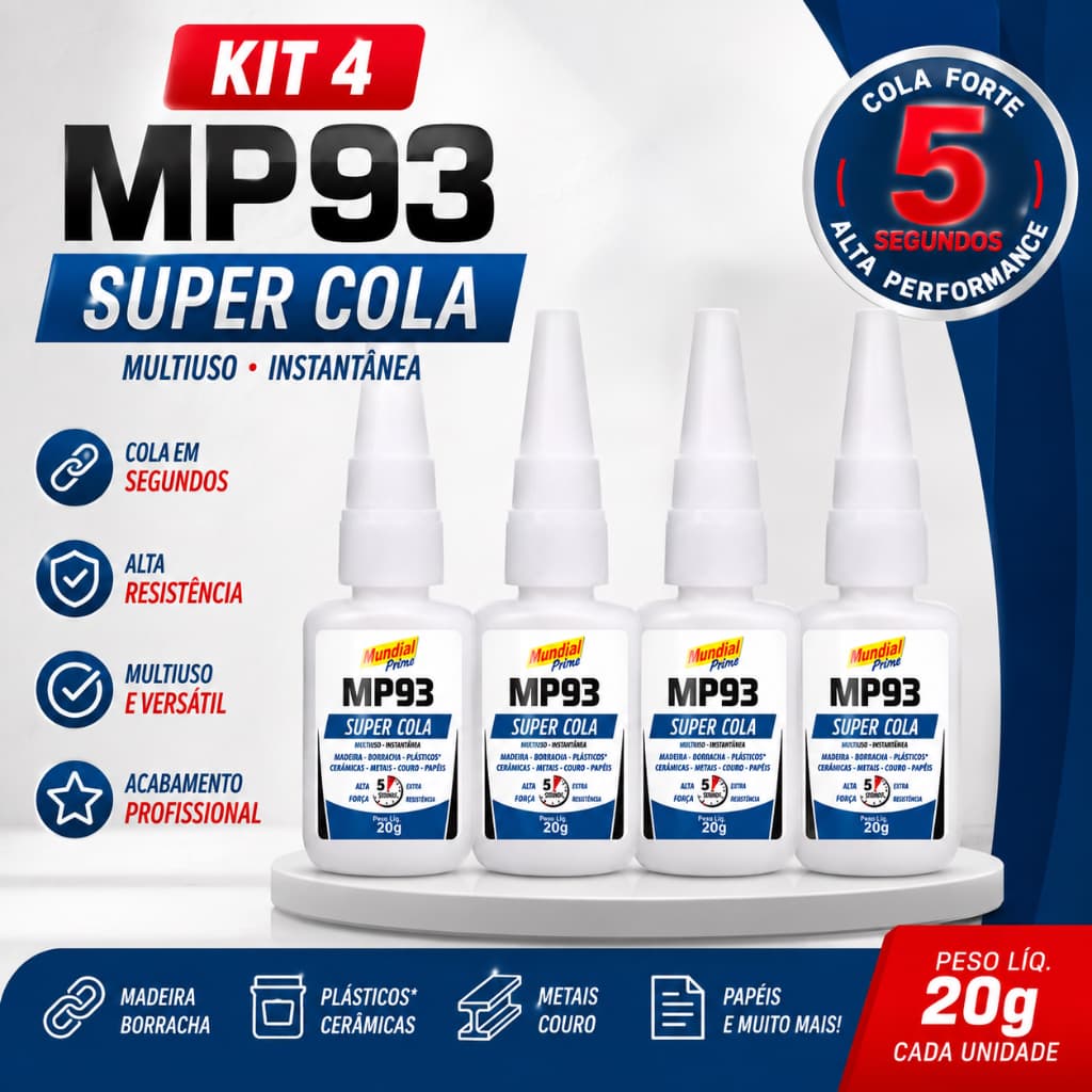 Kit 4 Cola Instantânea 20g Unha Postiça Fibra Pedrarias Bico Fino Fácil Aplicação Uso Geral Mundial Prime
