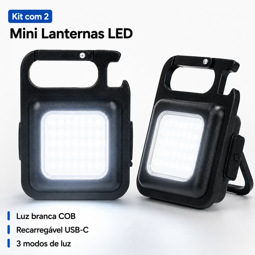 Kit 2 Mini Lanternas LED COB Recarregáveis Chaveiro Portátil USB-C Luz de Emergência Camping EC6850
