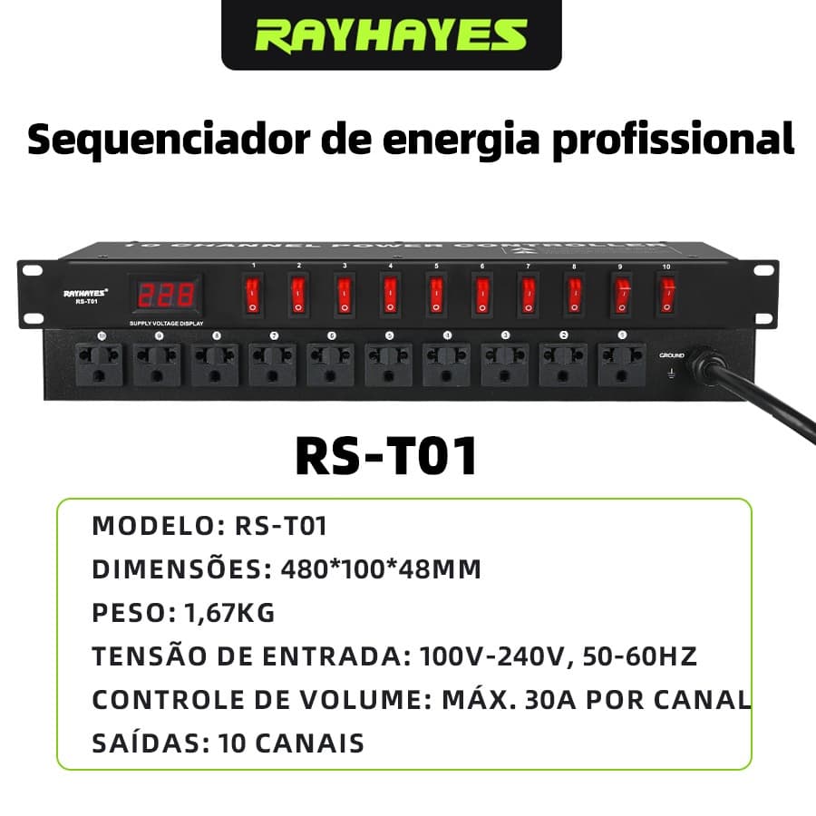 Sequenciador de Potência 10 Canais RAYHAYES RS‑T01 Visor de Tensão LEDInterruptores Independentes para Áudio
