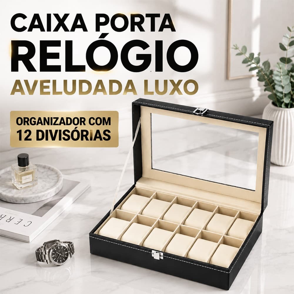 Porta Estojo Organizador de Relógios Luxo Couro Veludo Design Com Vários Compartimentos