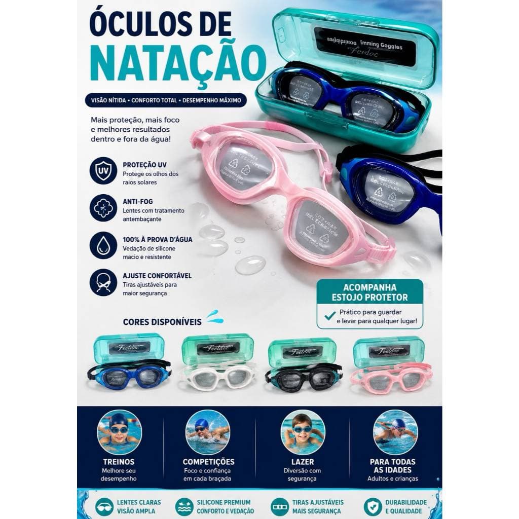 Óculos De Natação  Profissional Antiembaçante com protetor auricular E Acompanha 2 pontes nasal Extras