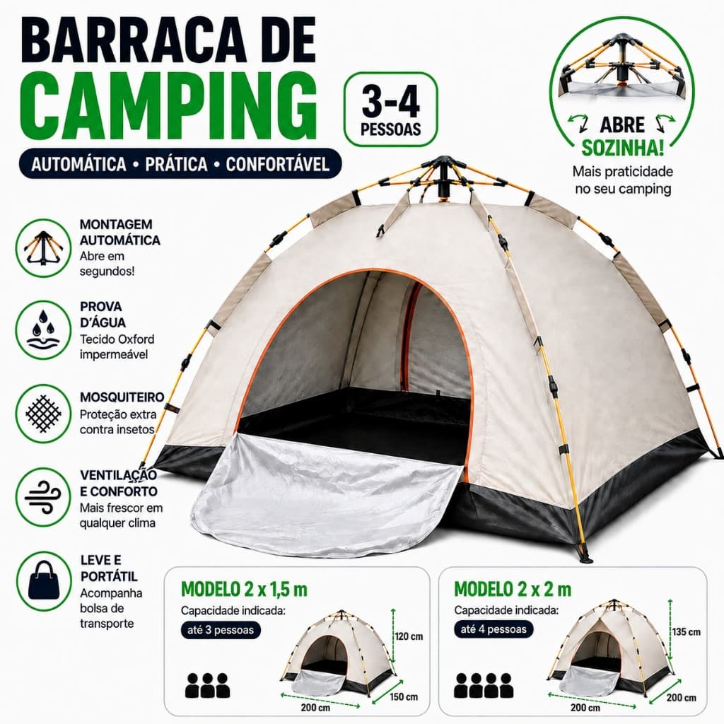 Barraca Camping Automática Impermeável com Mosquiteiro para 3 ou 4 Pessoas