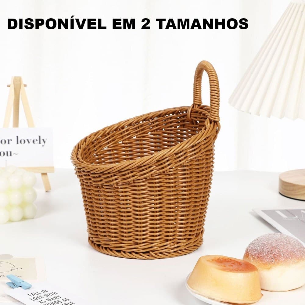 1 Cesto Organizador em Rattan Sintético com Alça Multiuso Decoração