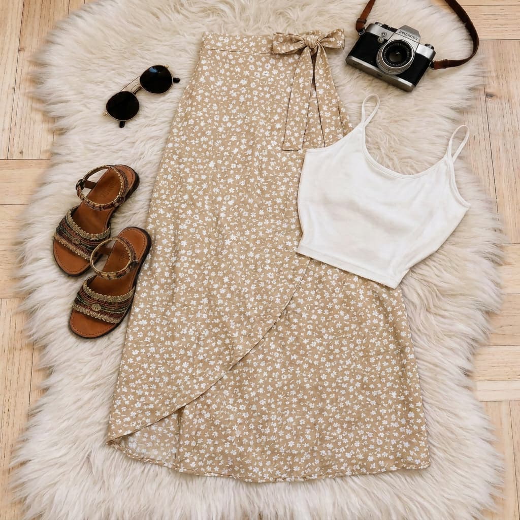 Conjunto Feminino Verão Saia Midi e Top Cropped Blogueira Tendência Look Praia Confortável 2622.2511