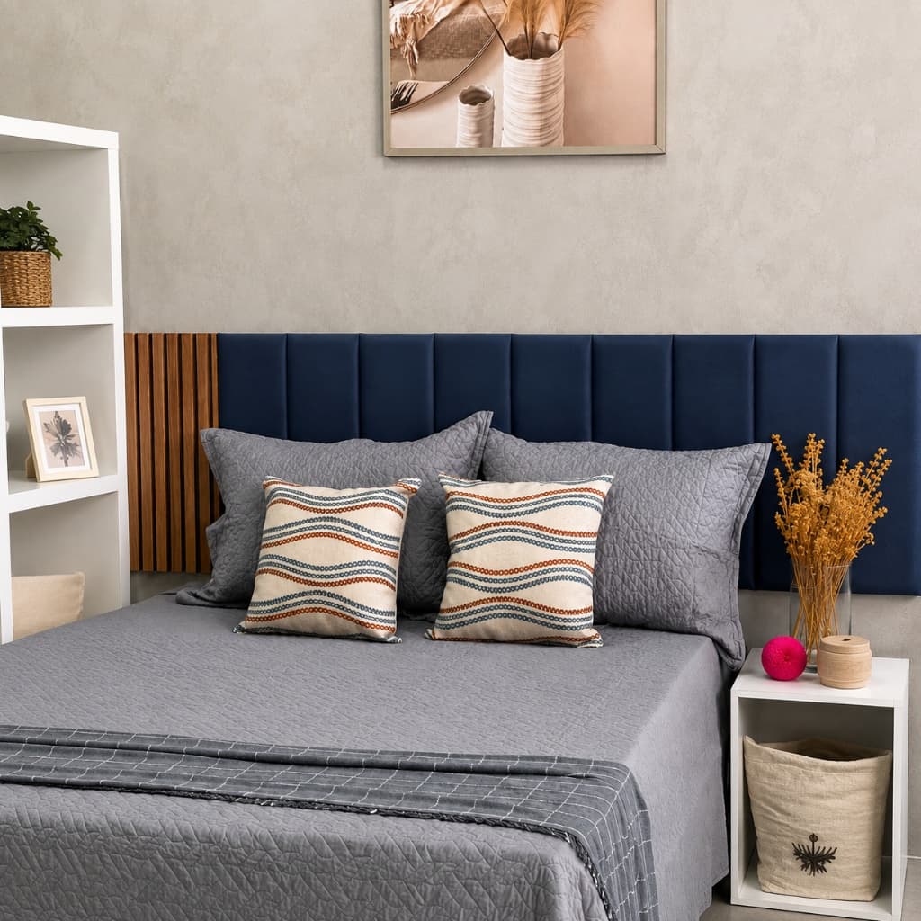 Cabeceira Casal 140x60 Suede Autocolante 7 Módulos Sem Furo Estofada Brambila