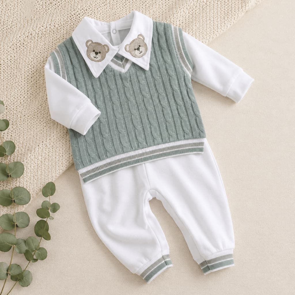 Conjunto Pagão Masculino Bebê 3 Peças Suéter Tricô Body Gola Bordada Calça Mijão RN Tamanho Único