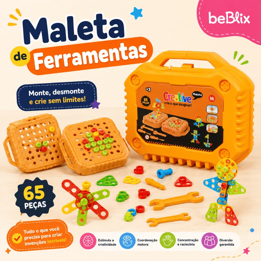 Brinquedos de Menino Maleta de Ferramentas  65 Peças  Coordenação Criatividade Fácil de Levar Presente 3 Anos