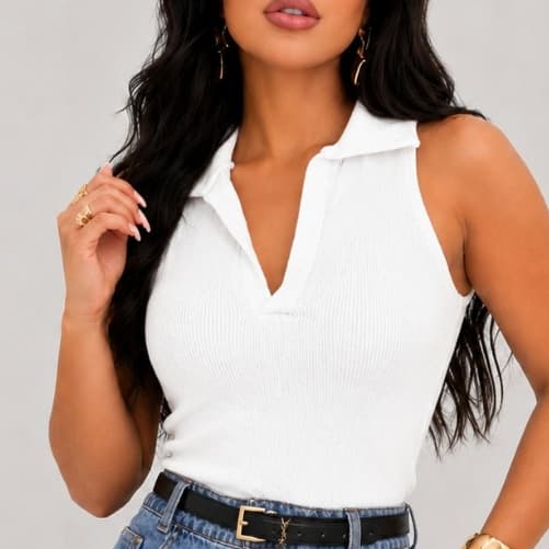 Blusa Regata Feminina Canelada Ribana Gola Polo Blusinha Básica BIA Liso Moda Casual Tendência Camisa Stilosa. .