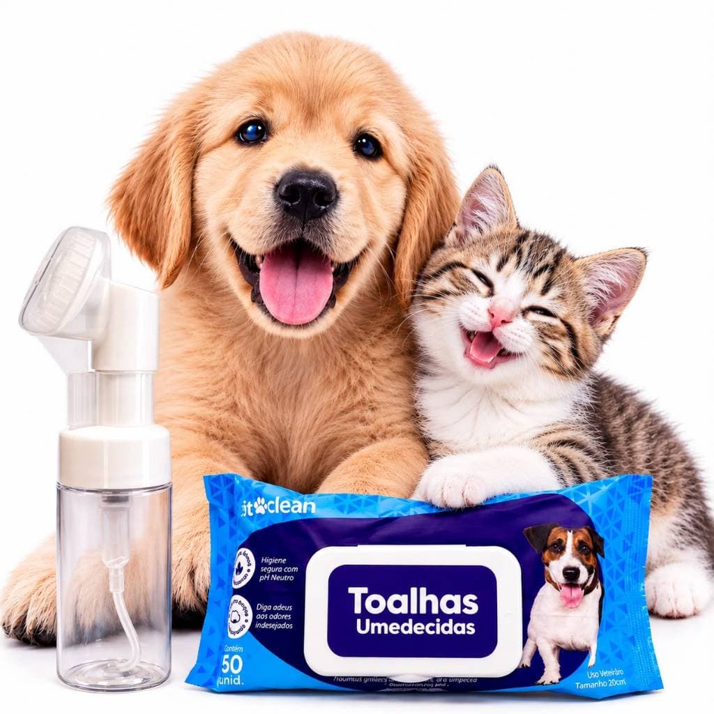 Kit Pet Limpa Patas e Bumbum Caes e Gatos  + Lencos Umedecidos PetClean