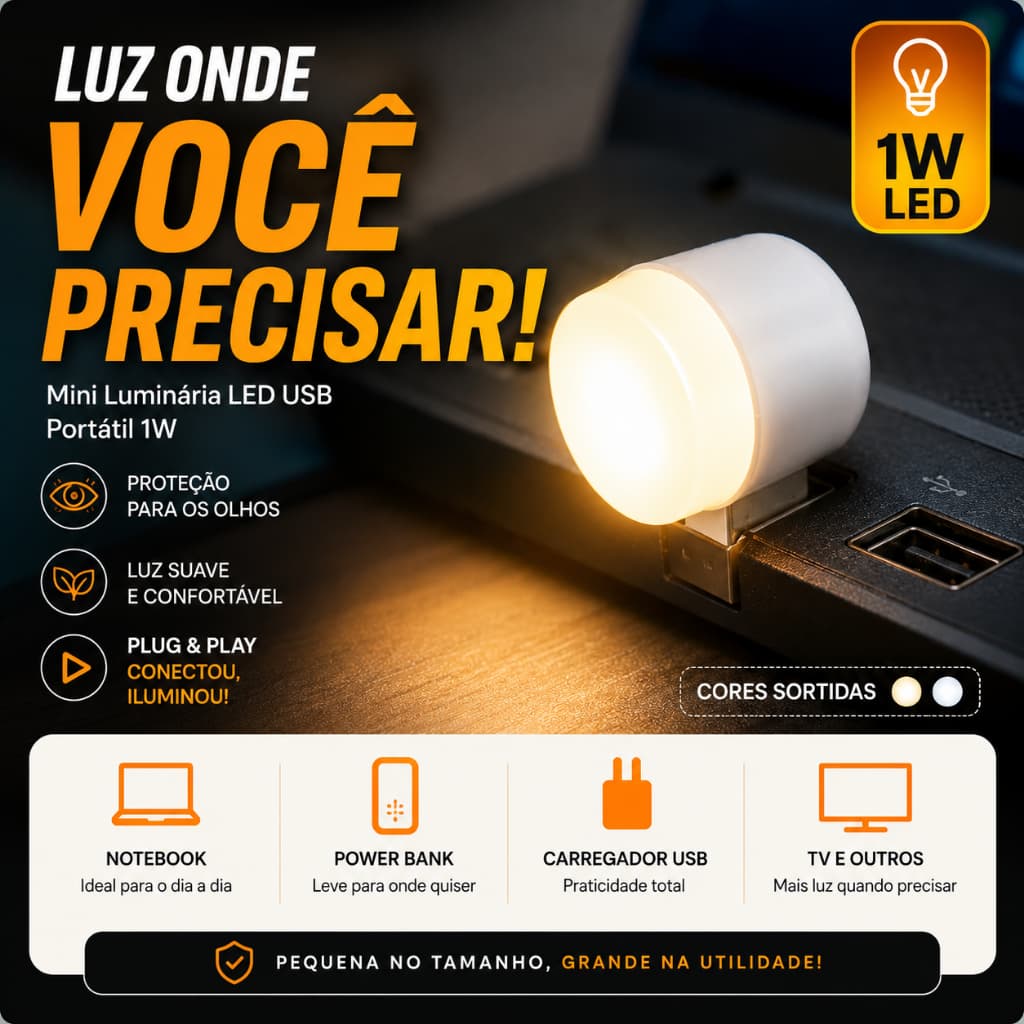 Mini Luminária LED USB 1W Portátil Luz Noturna para Quarto Notebook Power Bank