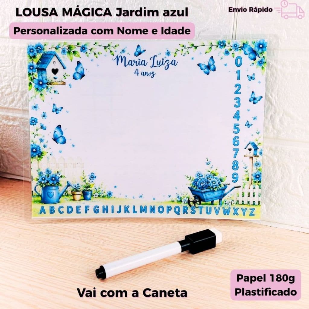 Lousa Mágica Personalizada Infantil com Caneta Lembrancinha Festa Aniversário Nome e Idade Jardim de Borboletas Azul