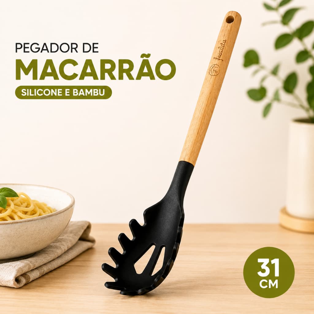 Pegador de Macarrão 31cm Silicone e Bambu – Colher para Massa Espaguete