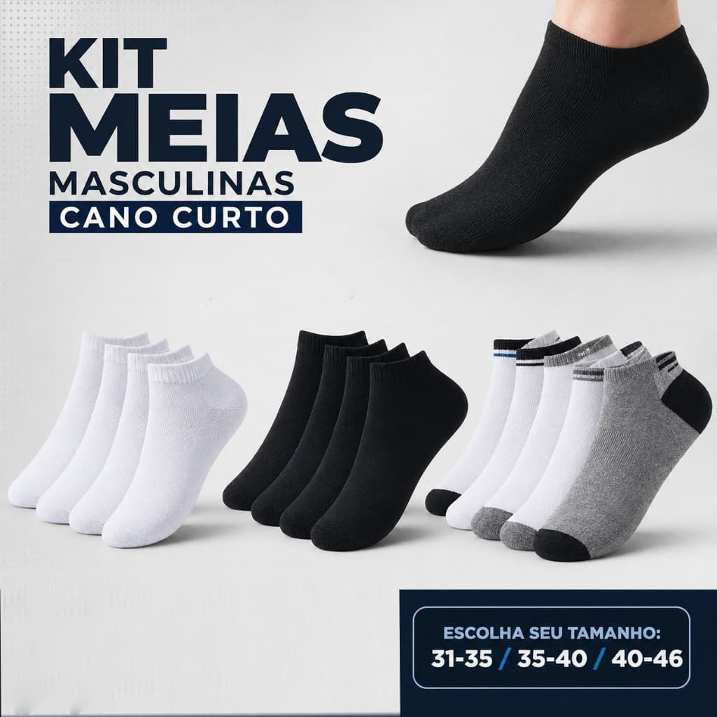 Meia Masculina Cano Curto Soquete Branco Preto Casual Pares
