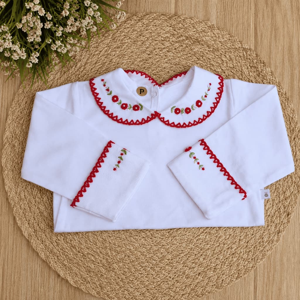 Body Bebe Personalizado Manga Longa Malha 100% Algodão Gola Bordada Rococó Vermelho