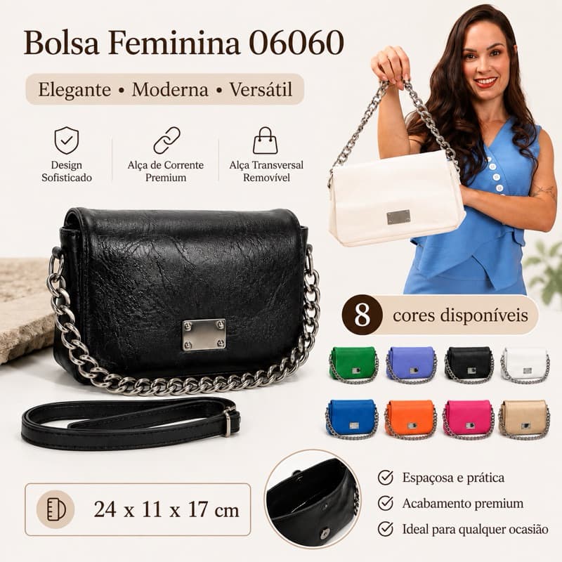 Bolsa Feminina 06060 com Corrente e Alça Transversal Removível, Elegante, Compacta e Moderna