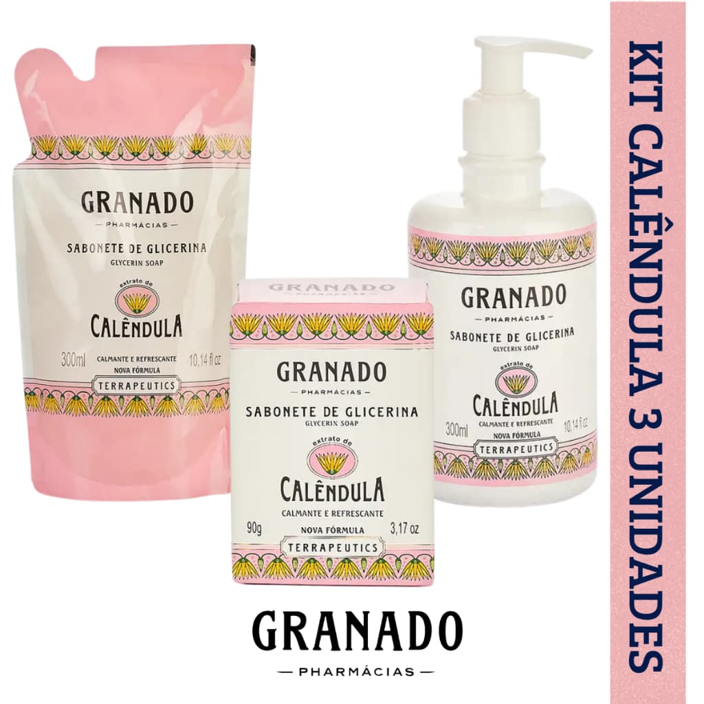 Kit Granado Calêndula Sabonete de Glicerina 3 Unidades – Barra 90g + Líquido 300ml + Refil 300ml