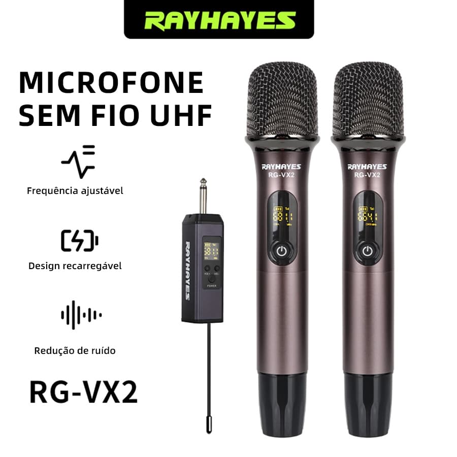 Microfone sem fio RAYHAYES UHF Ajustável, Anti‑Interferência, Corpo Metálico Resistente para Apresentação e Streaming