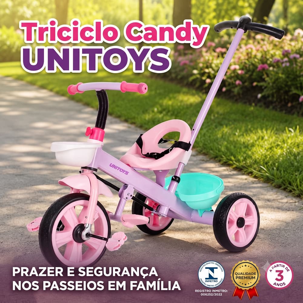 Triciclo Infantil com Empurrador Candy Rosa FRUNITOYS Atelli Rodas Largas Cestinhas Até 25kg 3 Anos+