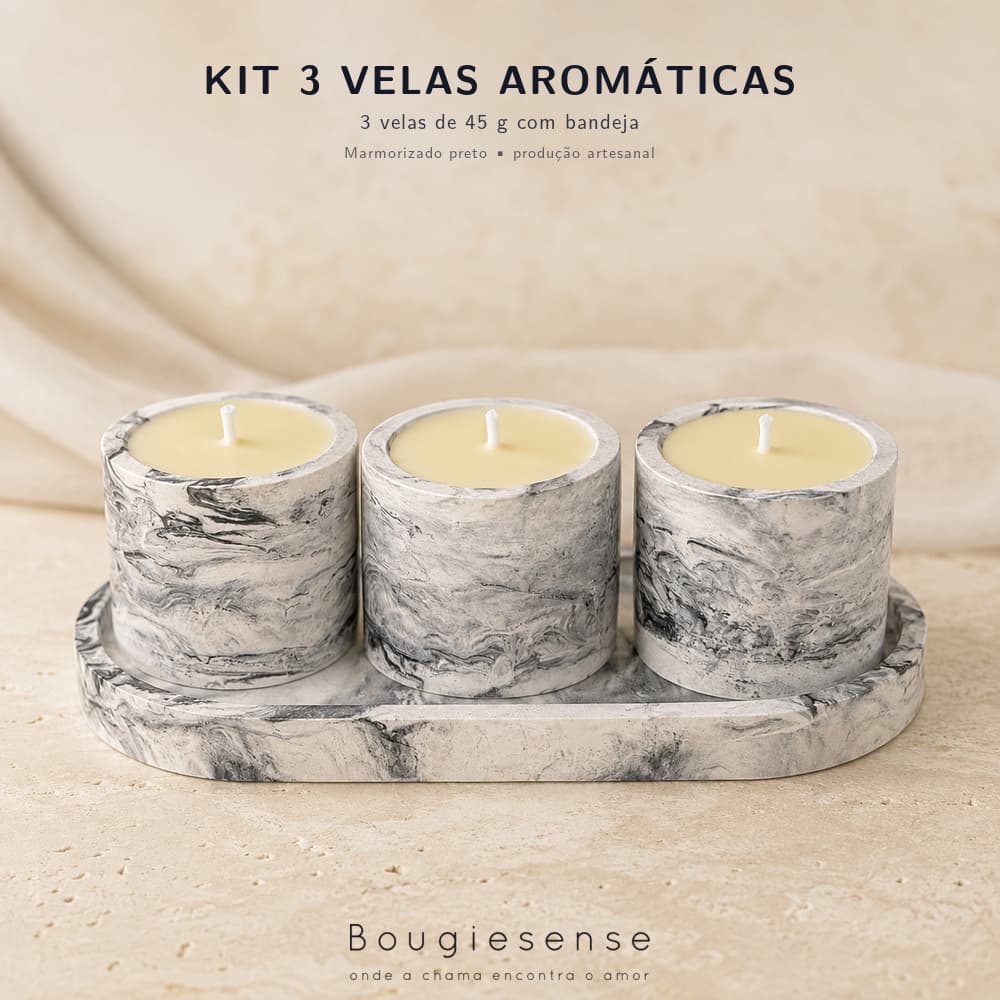 Kit 3 Velas Aromáticas Artesanais 45g com Bandeja de Gesso Marmorizada – Decoração e Presente