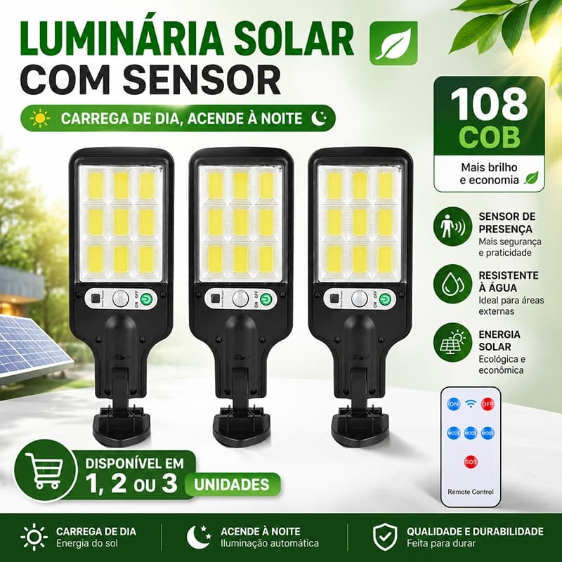 Luminária Solar de Rua Externa Sensor de Presença 3 Modos Controle Remoto IP65 Refletor para Jardim