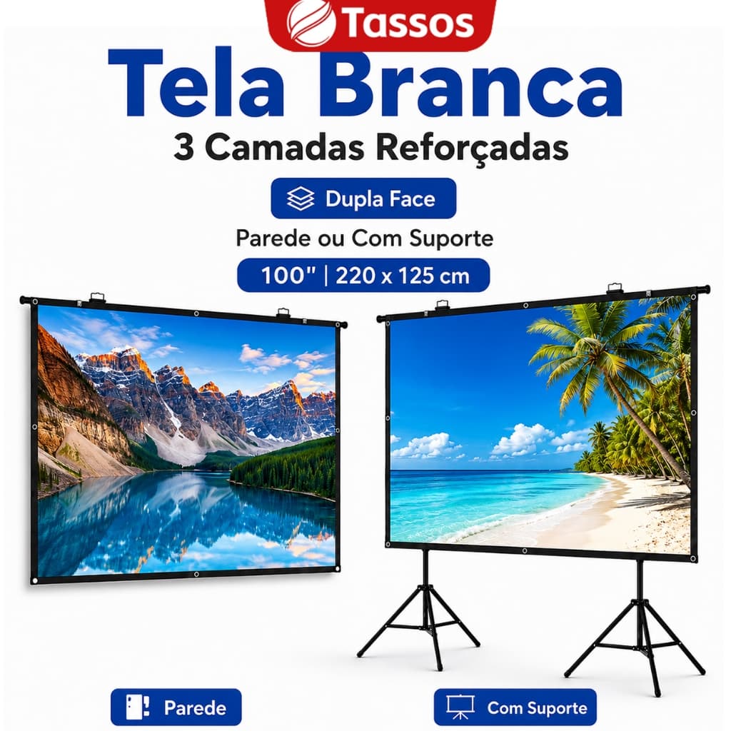 TASSOS Tela Projetor 100 Polegadas Branca 3 Camadas Dupla Face Com Ilhós 16:9 Cinema Casa Home Theater Com Tripé Dupla