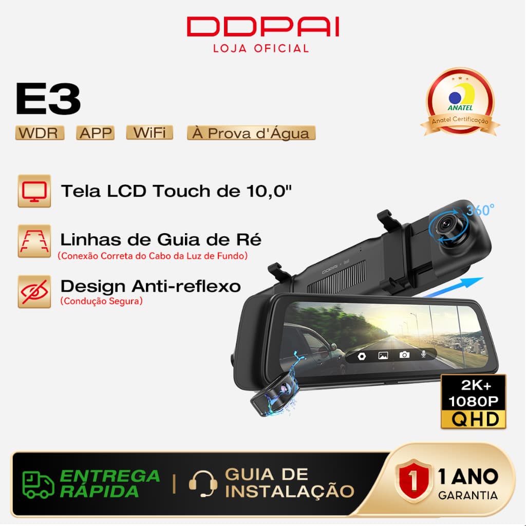 DDPAI Mola E3 Câmera Espelho Veicular 2K+1080P com Tela de 10 polegadas Controle por WIFI-APP