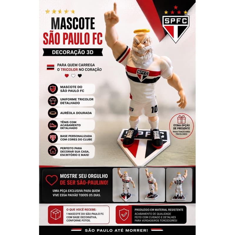 Mascote São Paulo FC 3D – Torcedor Tricolor – Estátua Decorativa