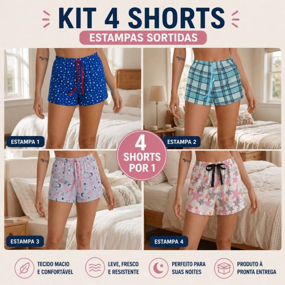 Kit 4 Shorts de Pijama Adulto Malha PV Premium Confortável Estampas Sortidas Promoção
