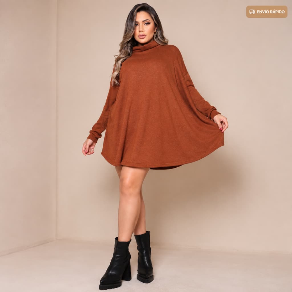 Vestido Poncho Feminino Inverno Lanzinha Gola Alta Manga Longa Blusão Quentinho Moda Feminina