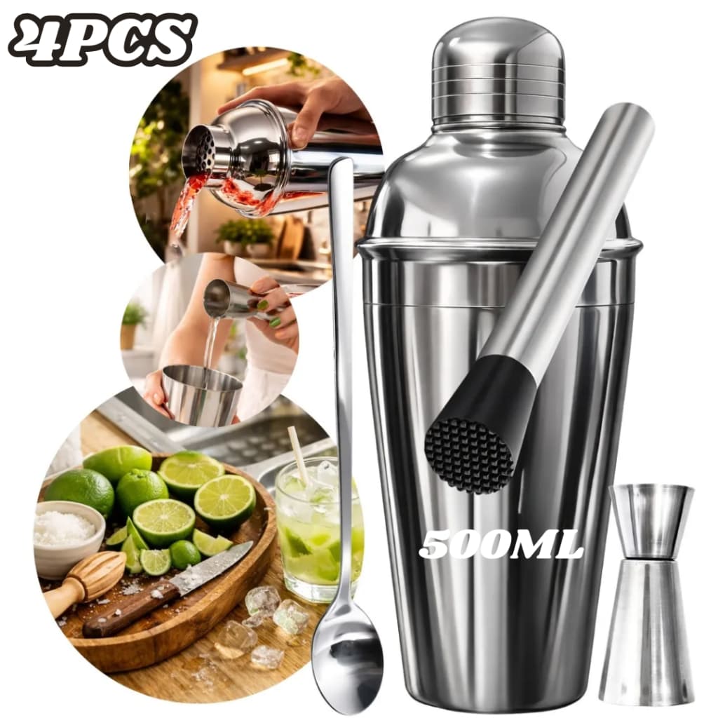 Kit 4 Bartender Profissional Aço Inoxidável Coqueteleira 500ml Socador Dosador Colher Drink