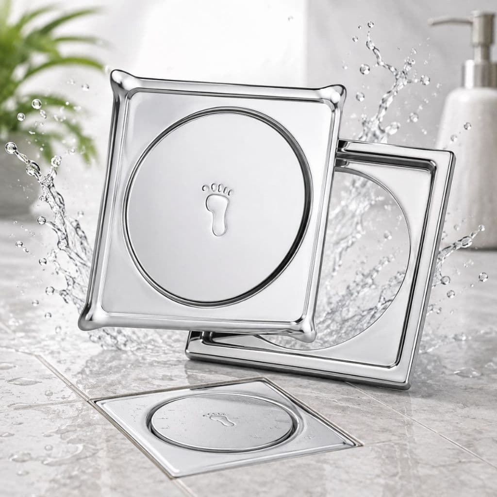 Ralo Click Inteligente 10x10cm Com Porta Grelha Suporte Piso Banheiro Cromado Inox Metal Anti Inseto Quadrado Brilhante