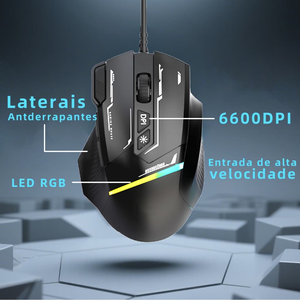 Mouse Gamer PEINING Com Fio 6600 DPI RGB Cabo Trançado 1,5m Antiderrapante para Mãos Grandes