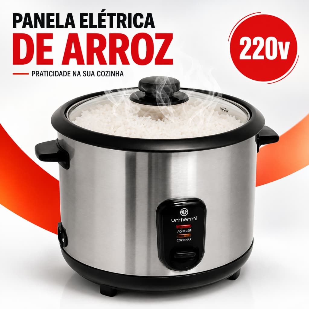 Panela de Arroz Elétrica Aço Inox Antiaderente 6 Xícaras UNITERMI 220V Prática Compacta
