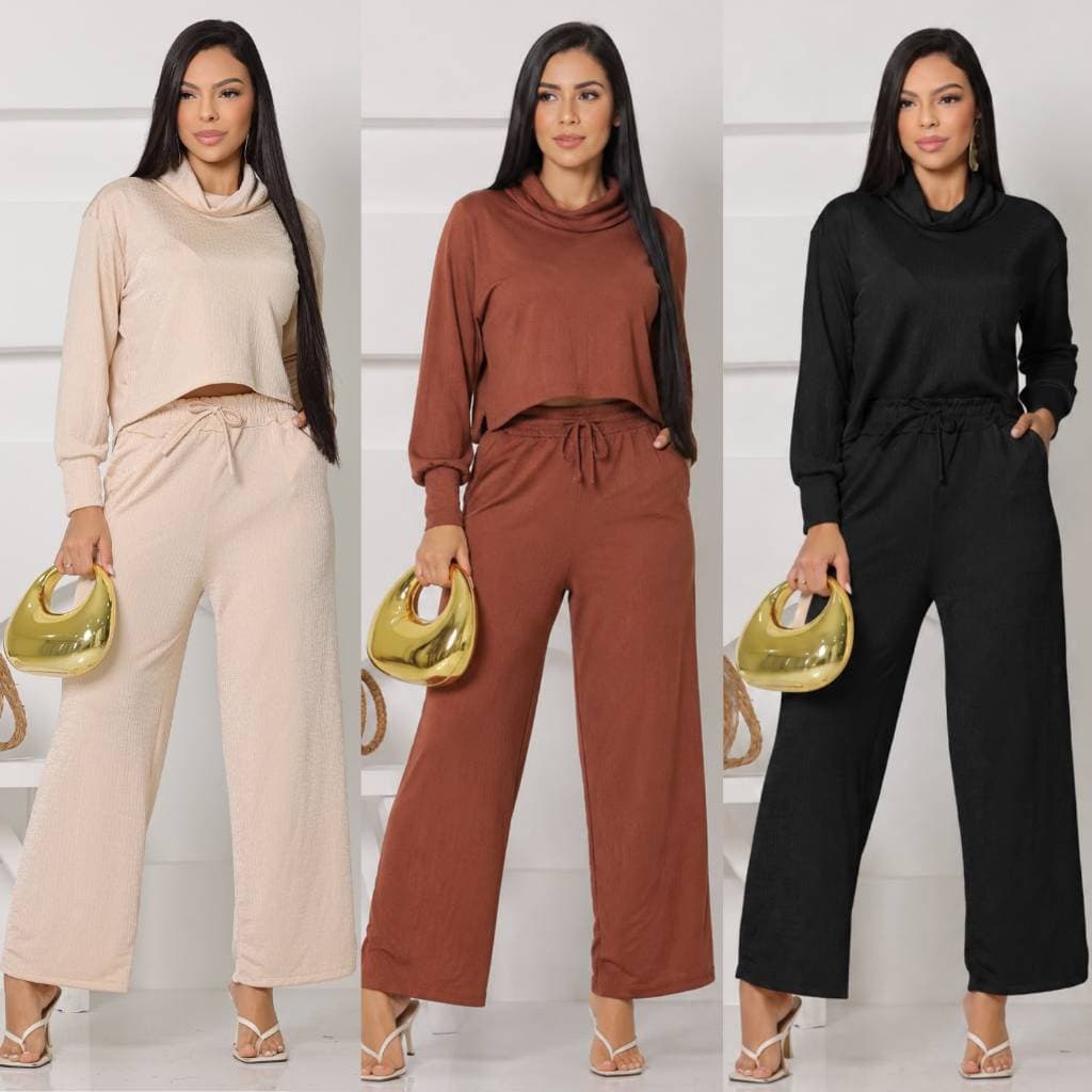 Conjunto Feminino Calça Pantalona Wide Leg Cintura Alta Blusa Cropped Manga Longa Casual Elegante