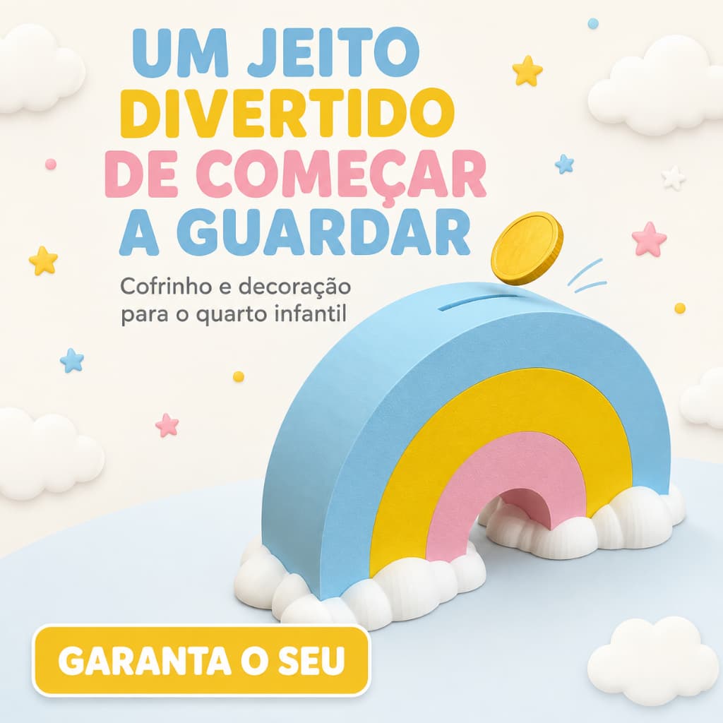 Cofrinho Arco-Íris Infantil Decorativo Porta Moedas Quarto de Criança Nuvens Colorido Presente