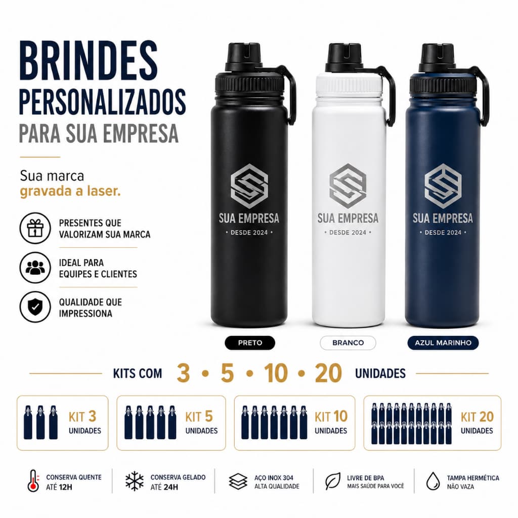Kit Garrafa Térmica Personalizada com Logo Empresa Brinde Corporativo 3 5 10 20 Unidades
