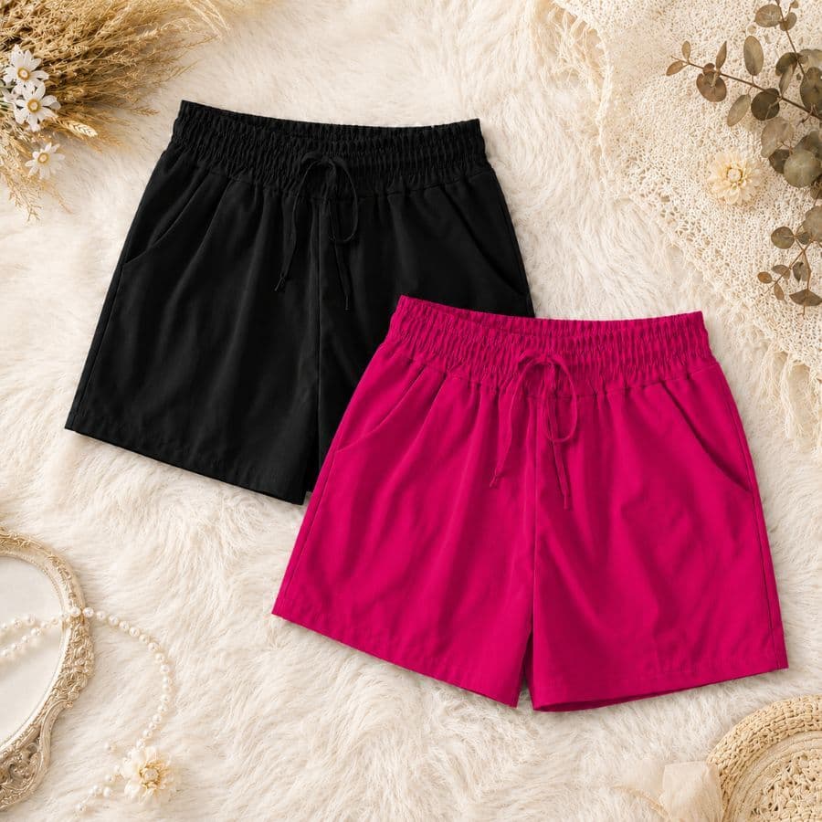 Kit 2 Shorts Feminino Alfaitaria Casual Cintura Elástica com Cordão e Bolsos Laterais, Soltinho Confortável para Di