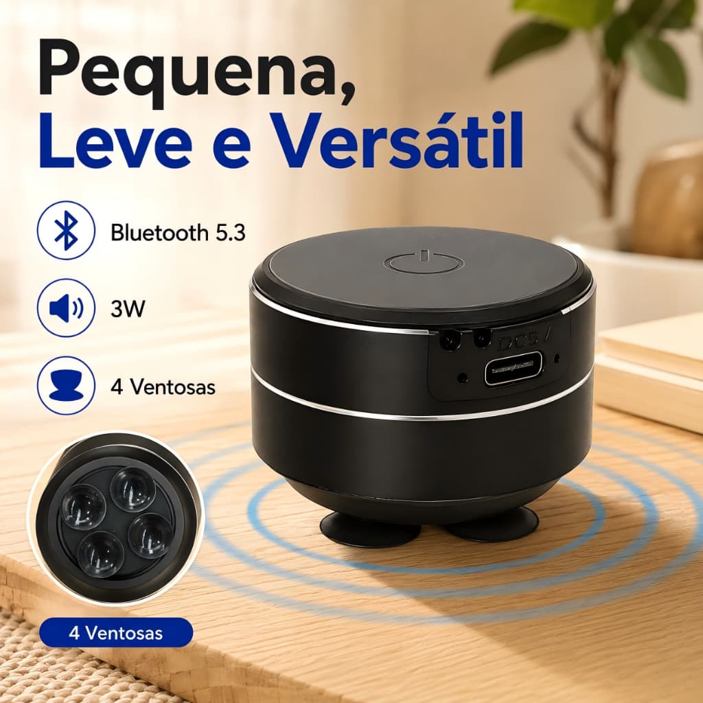 Mini Caixa de Som Bluetooth 5.3 por Ressonância 3W Leve Portátil com 4 Ventosas TWS e Entrada Type-C