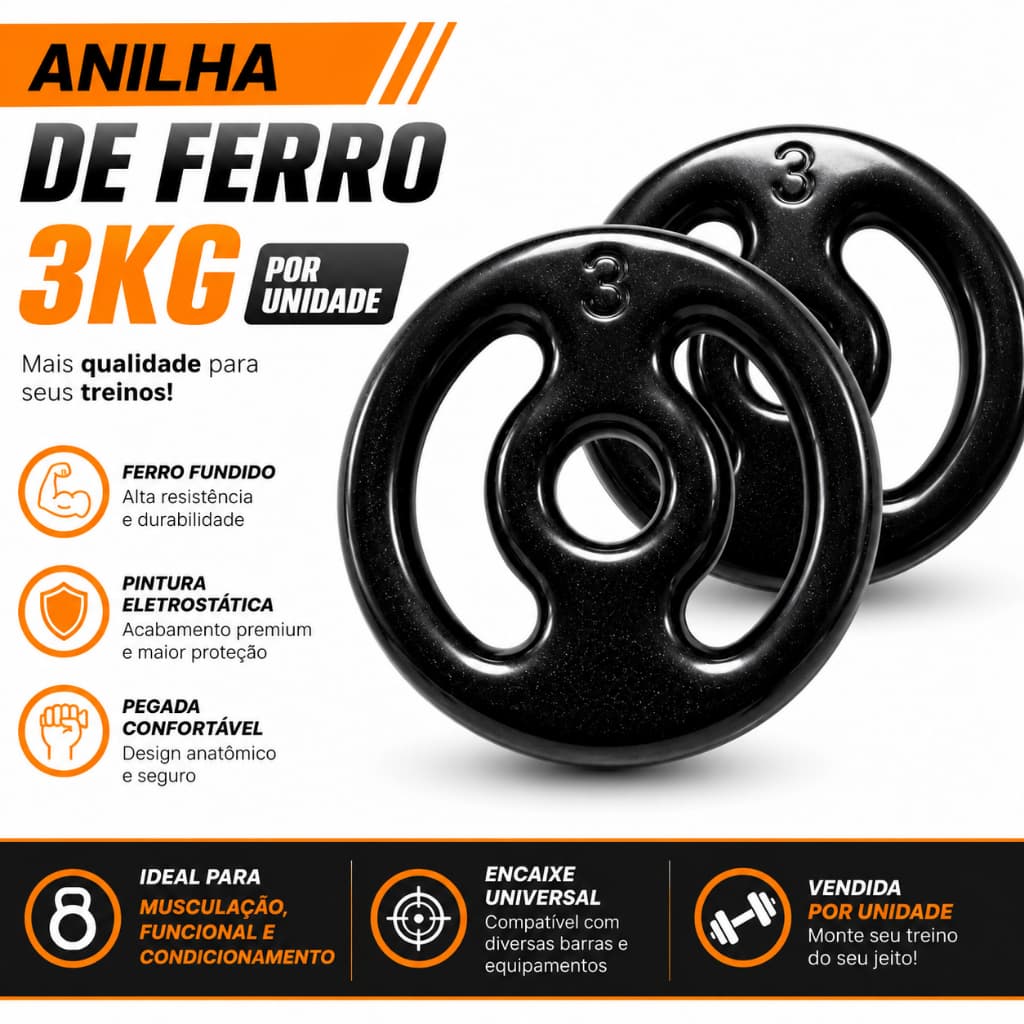 Anilha Emborrachada 3kg Ferro Fundido Premium Academia Musculação Barra