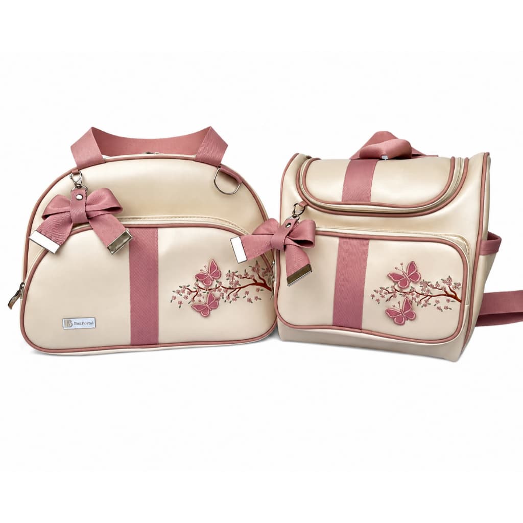 Kit de Bolsa Maternidade Menina Bordado Jardim Borboletas Impermeável 2 peças