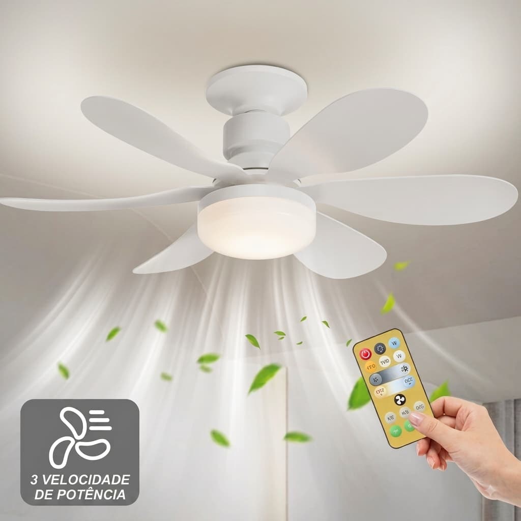 Ventilador De Teto + Controle Remoto + Lâmpada Led 3 cores Silenciosa 60w