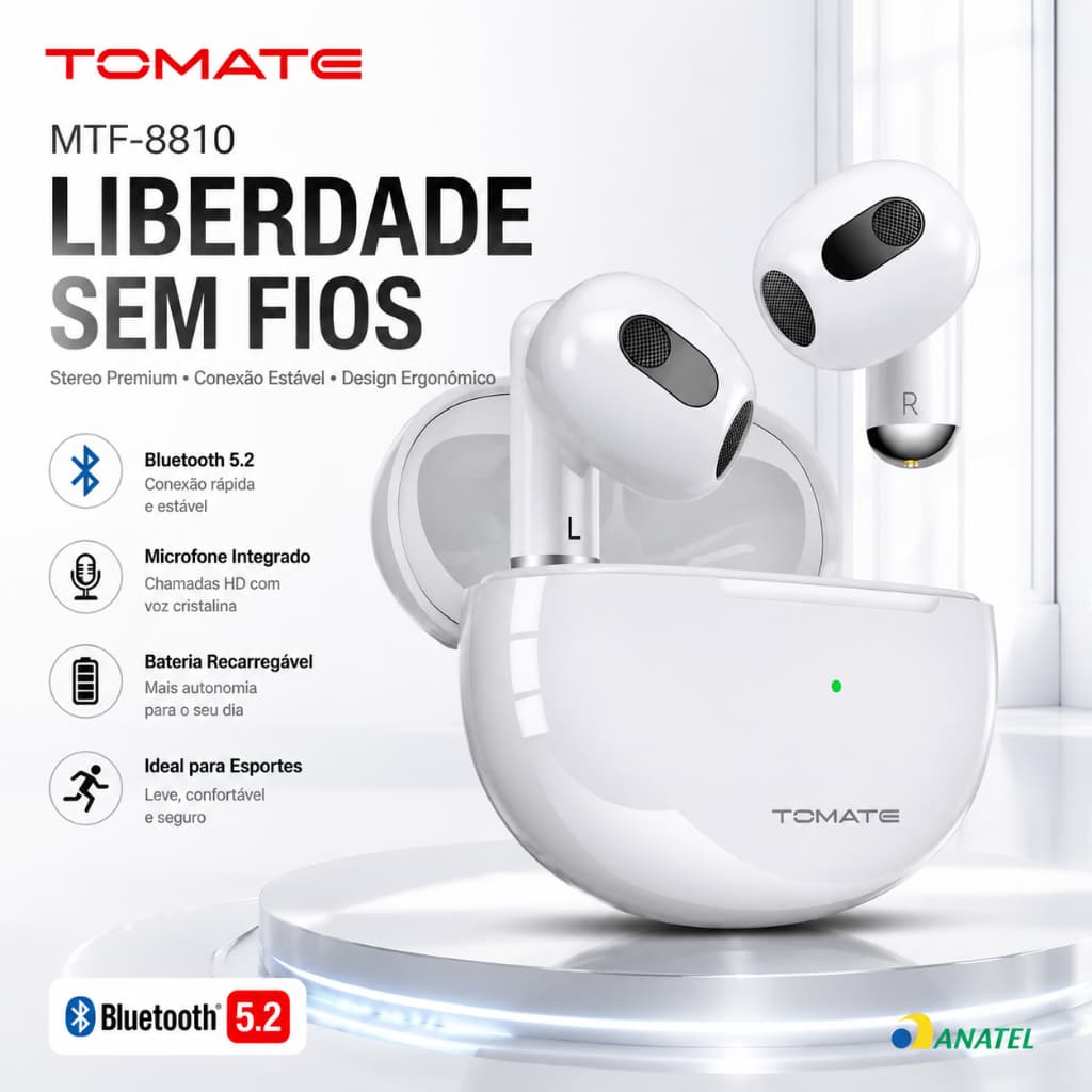 Fone Bluetooth 5.2 com Microfone e Bateria Recarregável | Ideal para Esportes | MTF-8810