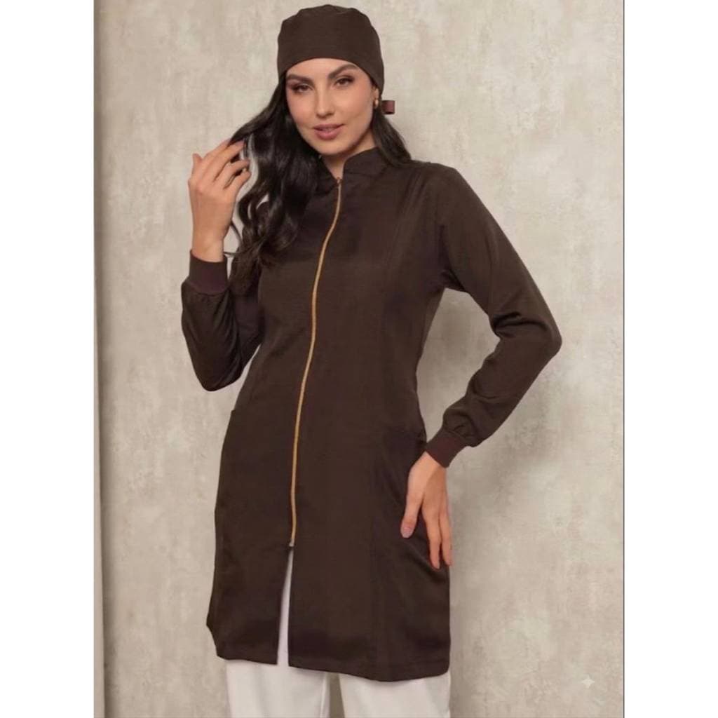 Jaleco Feminino com Zíper + Gorro Marrom Nice Gardenia Uniformes