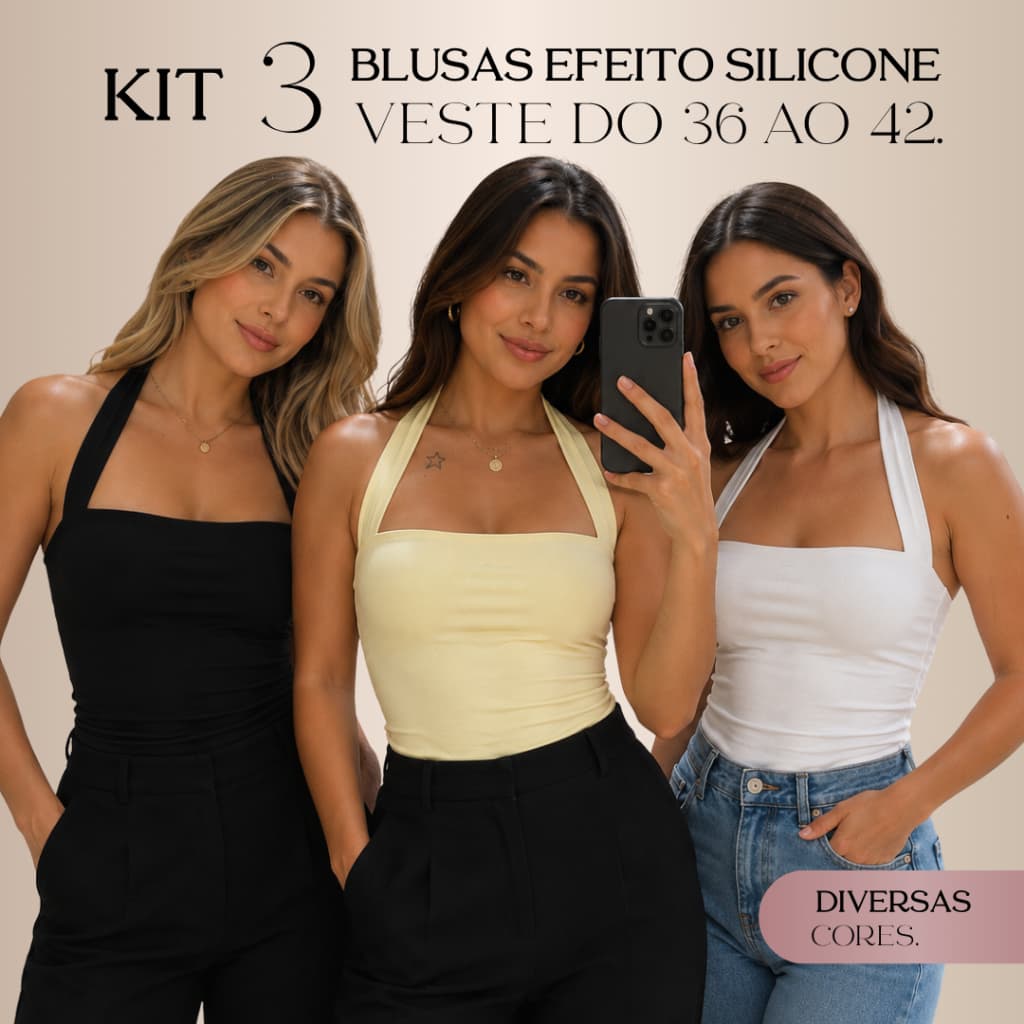 KIT 3 Blusa Feminina Efeito Silicone no Modelo Halter c/ Costa Nua Suplex | Tam. 36 ao 42