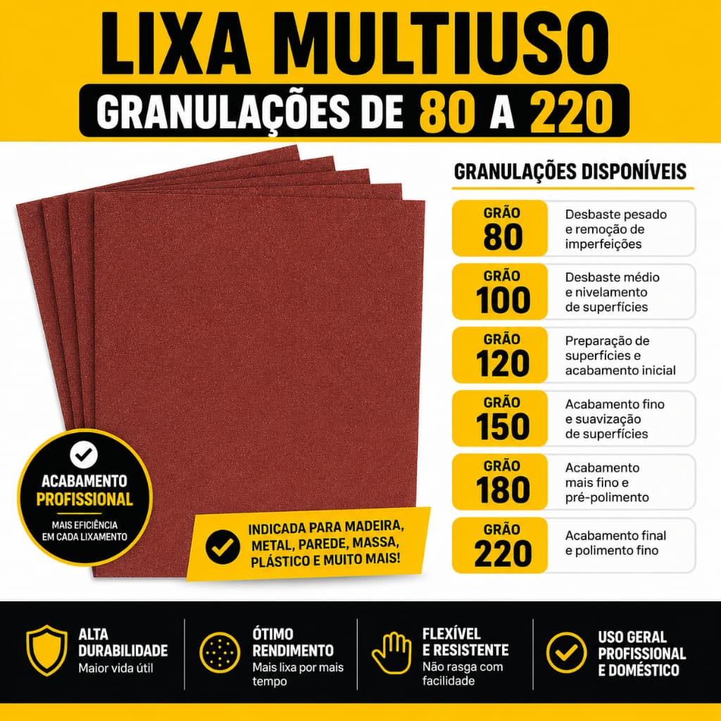 Lixas Multiuso Para Massa Madeira Parede Pintura Grão 80 ao 220 Folha