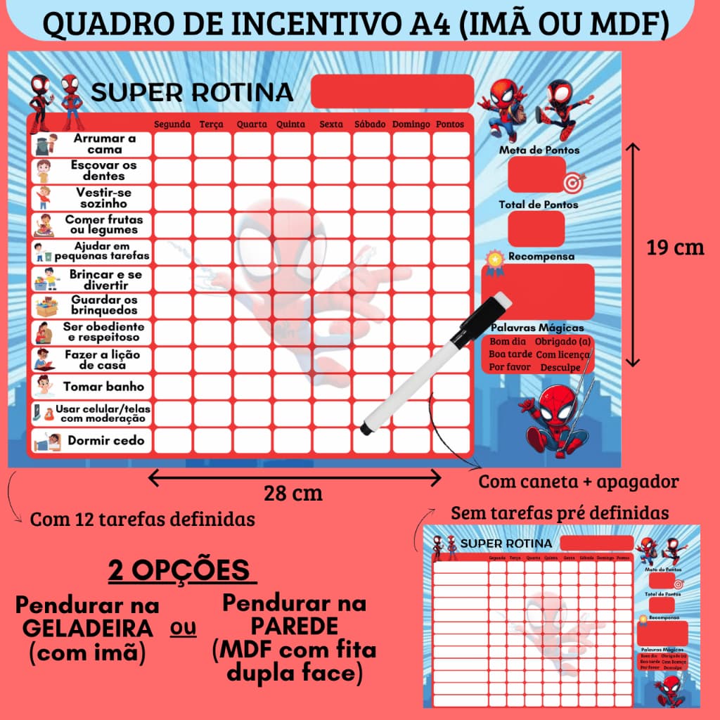 Quadro de Incentivo Rotina Homem Aranha + Caneta c/ Apagador - Infantil Magnético Planner Tarefas
