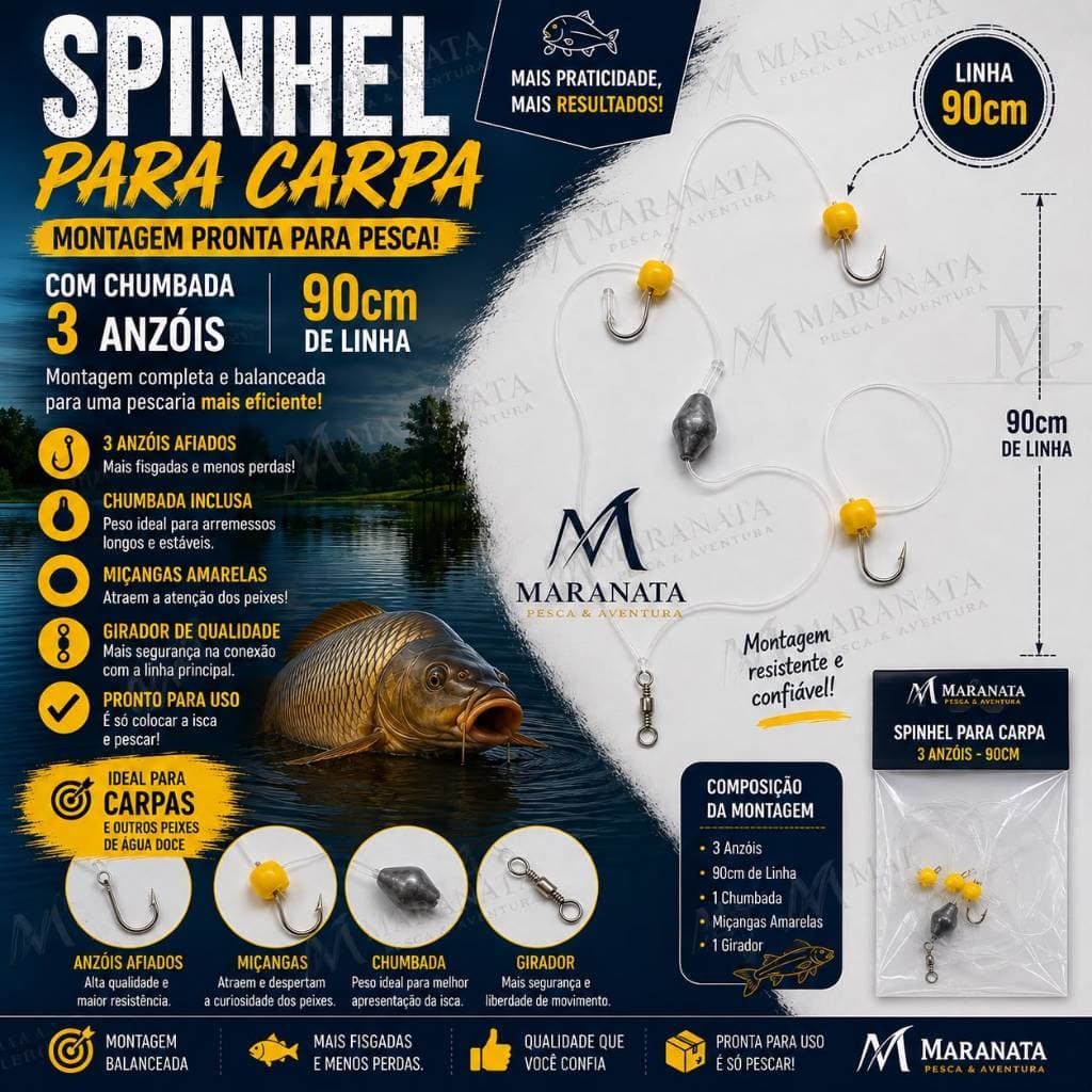 Spinhel para Carpa 3 Anzóis 90cm com Chumbada Miçanga Amarela Pesca Montada